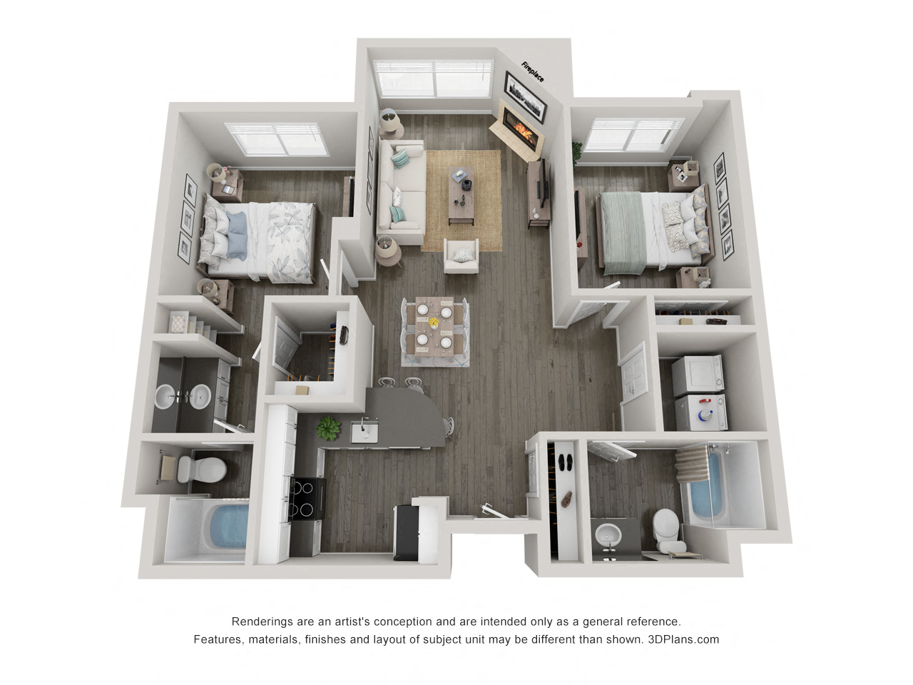 Floor plan for 2 beds, 2 baths, 1015 sqft